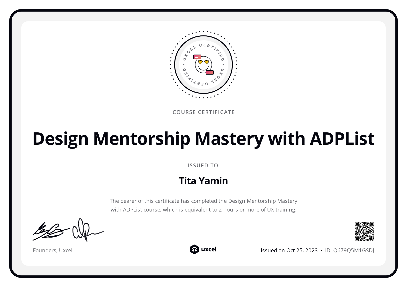 Tita Yamin's certificate